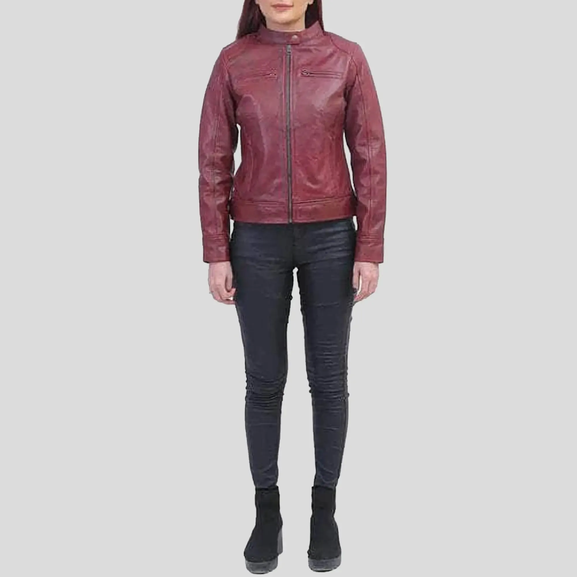 Woman Maroon Biker Jacket