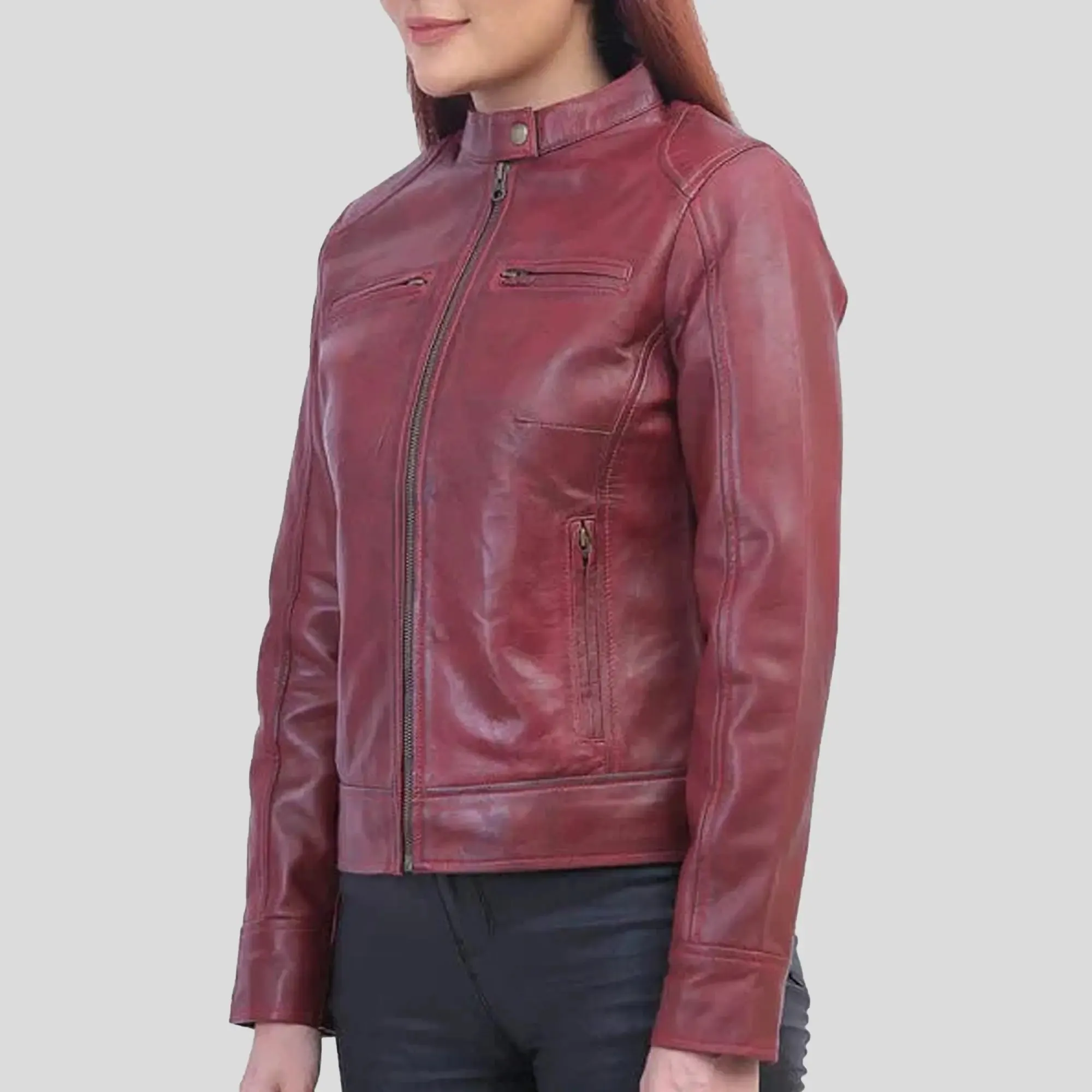 Woman Maroon Biker Jacket