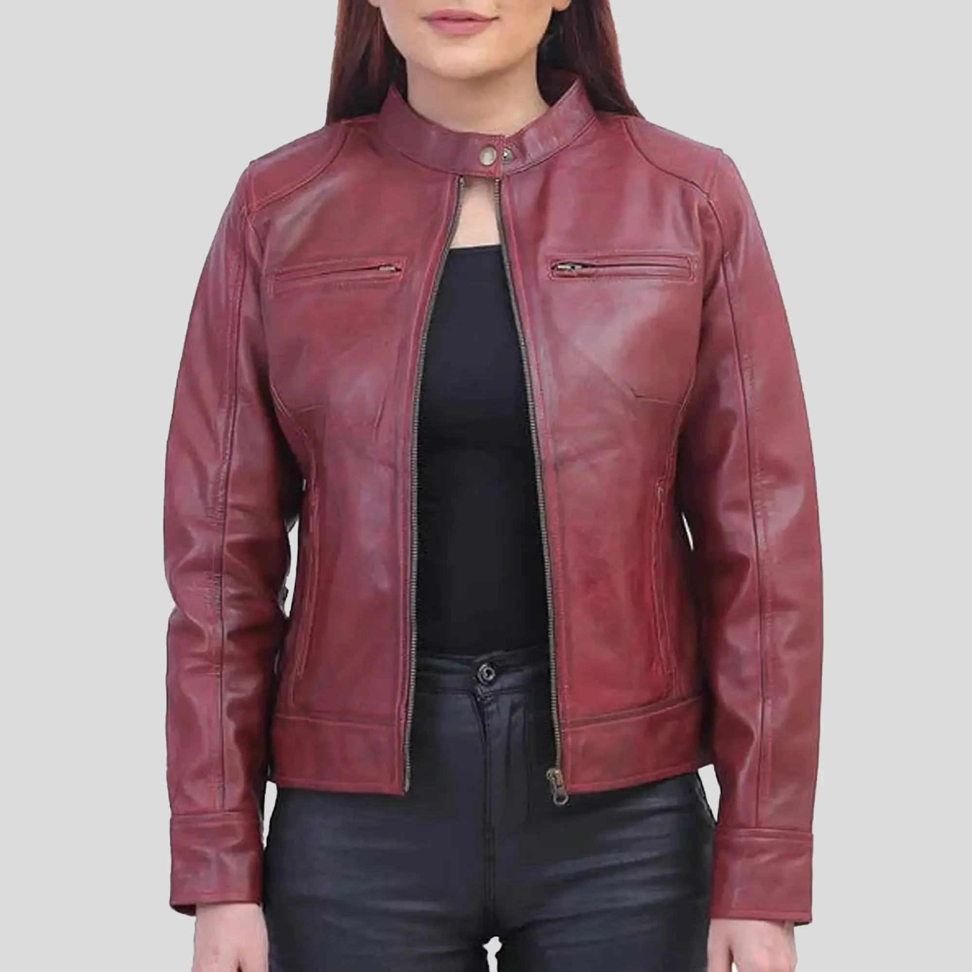 Woman Maroon Biker Jacket