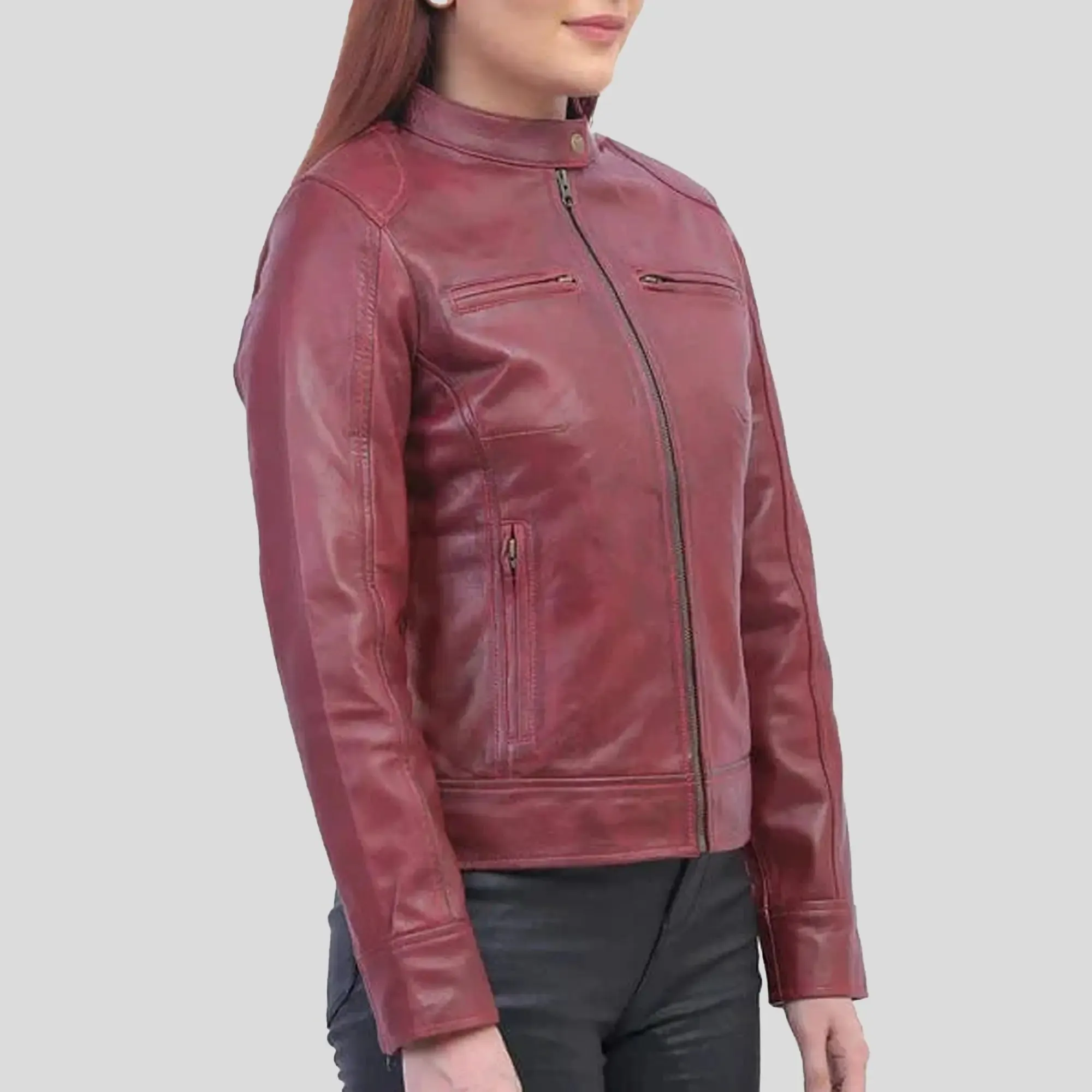 Woman Maroon Biker Jacket