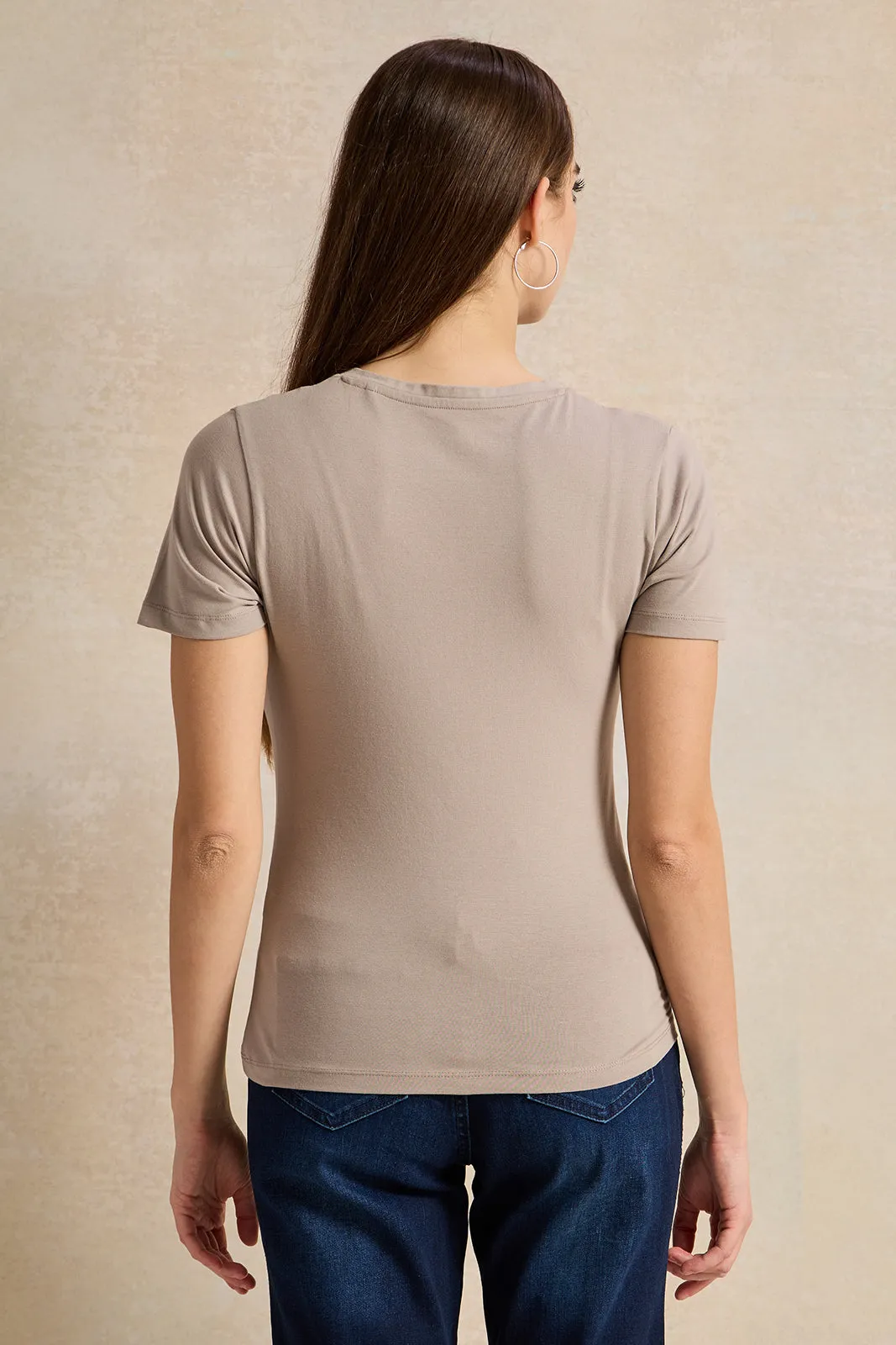 Women Beige Basic V-Neck T-Shirt