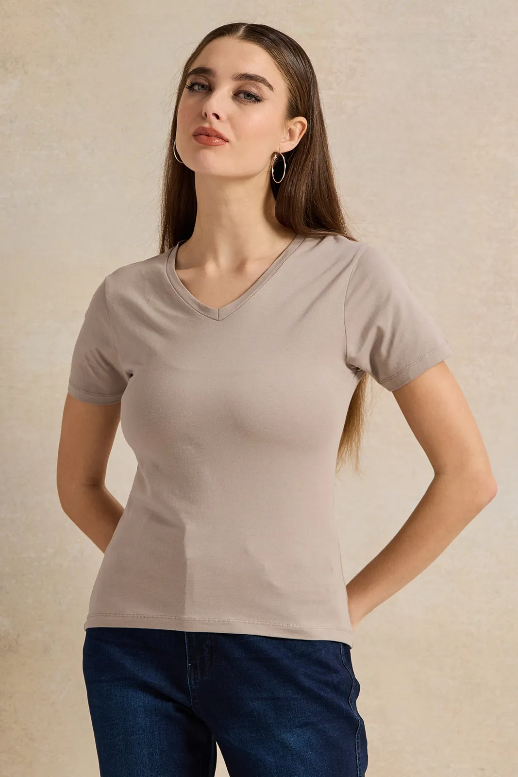 Women Beige Basic V-Neck T-Shirt