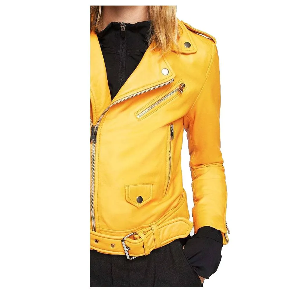 WOMEN YELLOW MANGO SLIM FIT GENUINE MOTORCYCLE LEATHER JACKET